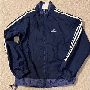 Adidas Men's Dark Blue Windbreaker with White Stripes